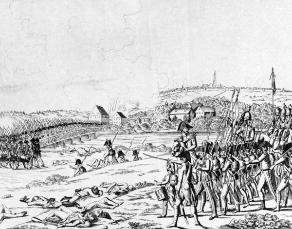 Französische Truppen überschreiten den Lech nach der Schlacht bei Friedberg am 24. August 1796