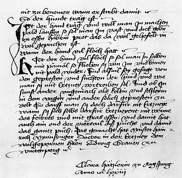 Handschrift mit Unterschrift Clara Hätzler, 1463