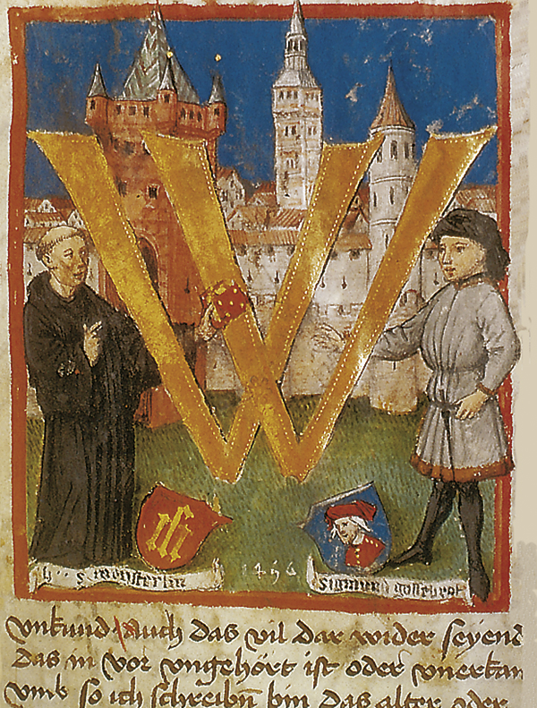 Sigmun Meisterlin überreicht dem Auftraggeber Sigmund Gossenbrot seine Augsburger Chronik. Initiale aus einer Handschrift des Klosters St. Ulrich und Afra, 1457