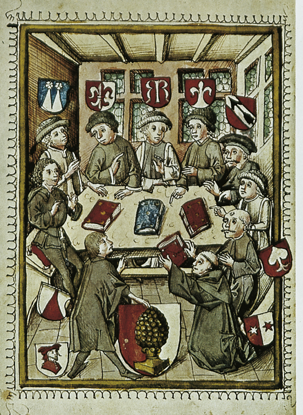Der Mönch Sigmund Meisterlin dediziert Bürgermeister und Rat von Augsburg in seiner Chronik, 1457