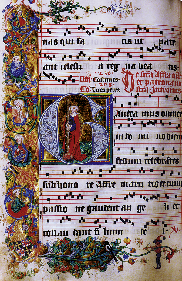 Antiphonar für St. Ulrich und Afra, 1490, geschrieben von Leonhard Wagner, illuminiert von Conrad Wagner: Initiale G mit Martyrium der hl. Afra